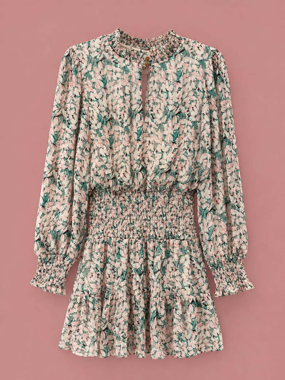 Fanci Floral Print Long Sleeve Smocked Mini Dress